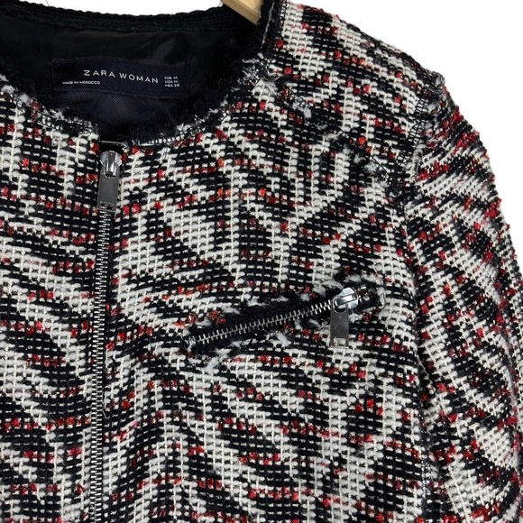 Zara Tweed‎ Blazer Metallic Wool Zebra Print Raw Hem Red Medium - Picture 5 of 13